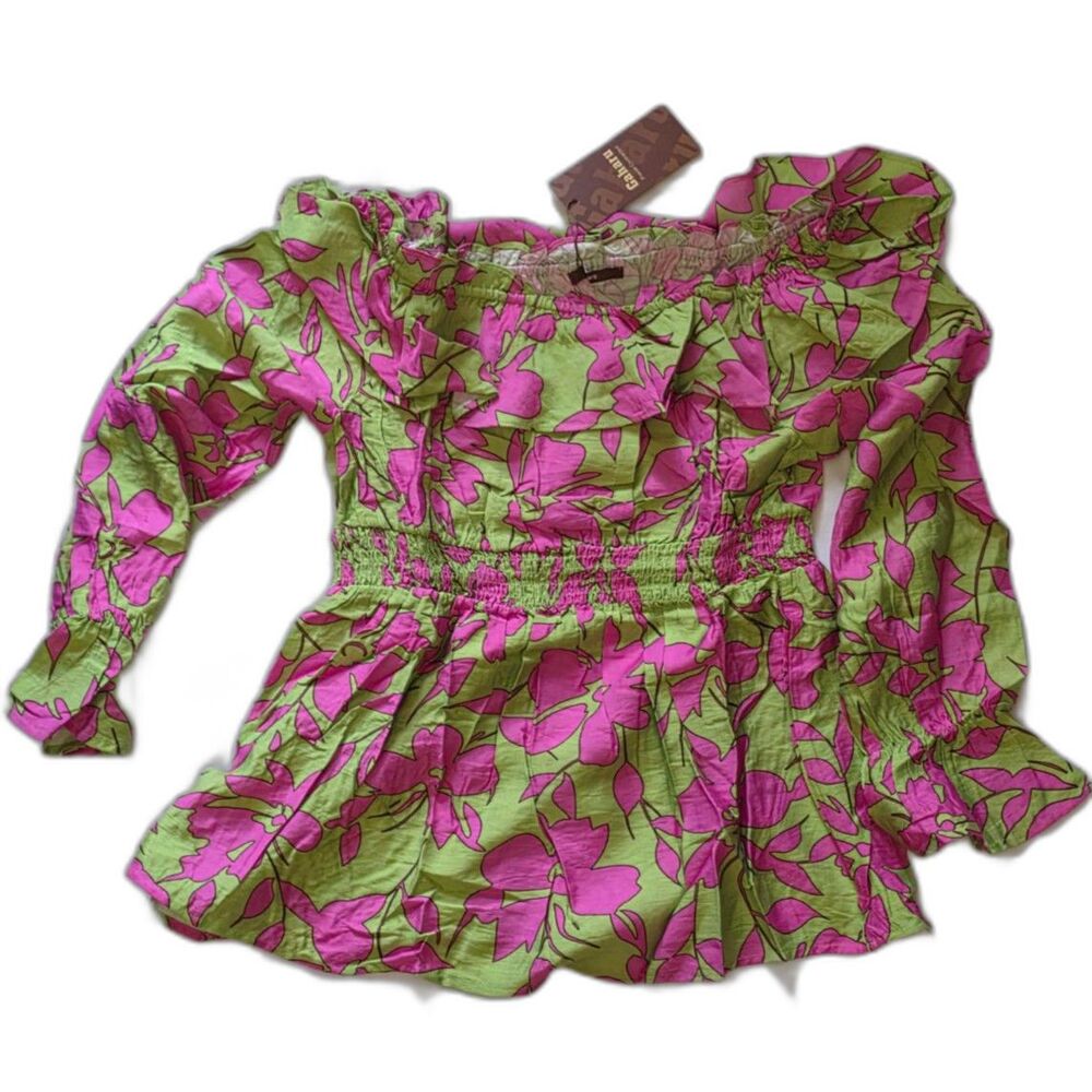 NWT Gaharu Pink & Green Floral Off-the-Shoulder Smocked Ruffle Top Size M